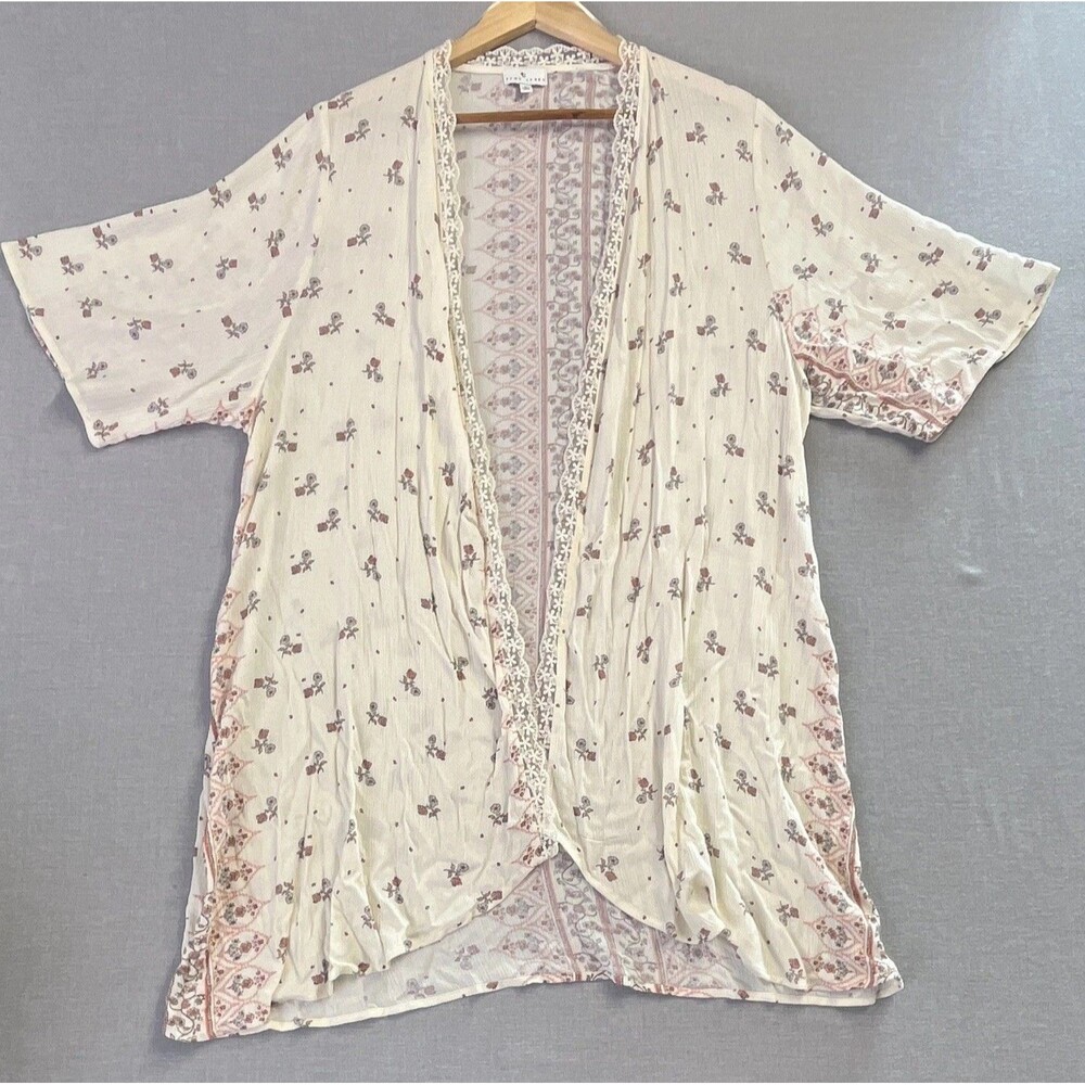 Womens Boho Floral Open Front Cardigan Size L Romantic Kimono with lace detail